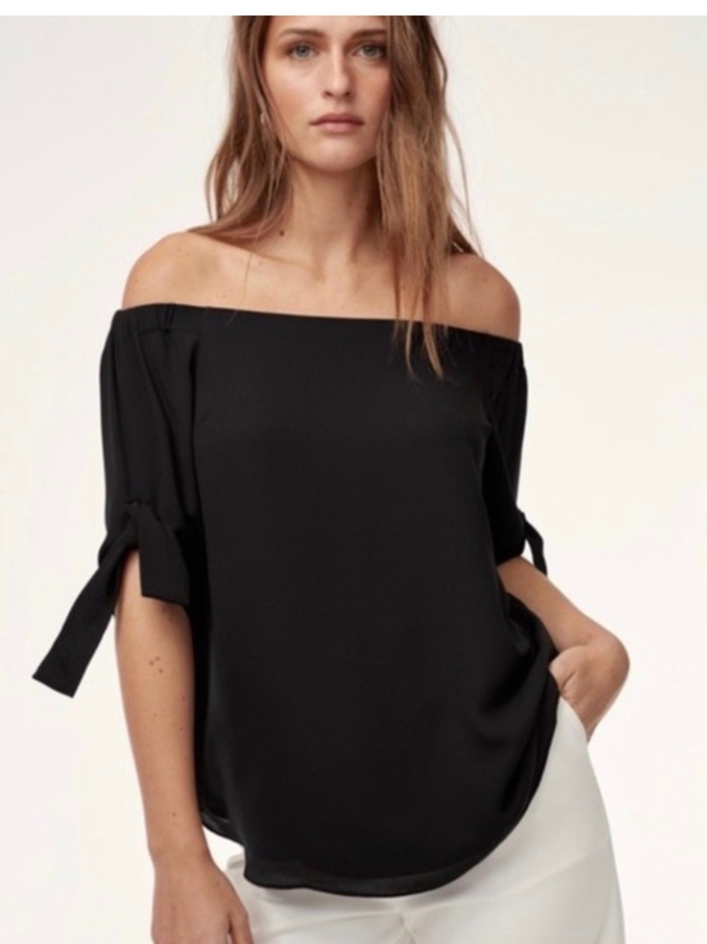 Babaton Black Off-Shoulder Tie-Sleeve Top